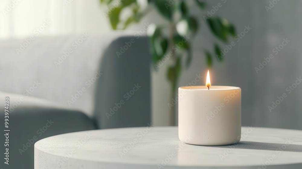 Scented candle on a minimalist coffee table, soft light and neutral tones enhancing relaxation and calmness Scented candle on a minimalist coffee table, soft light and neutral tones enhancing relaxation and calmness