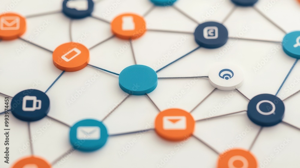 Connected network nodes on a white background demonstrating digital communication. Connected network nodes on a white background demonstrating digital communication.