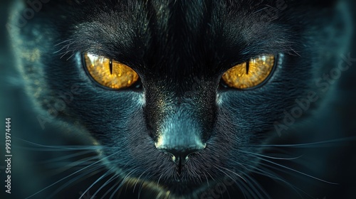 Close-up of a black cat with striking amber eyes.