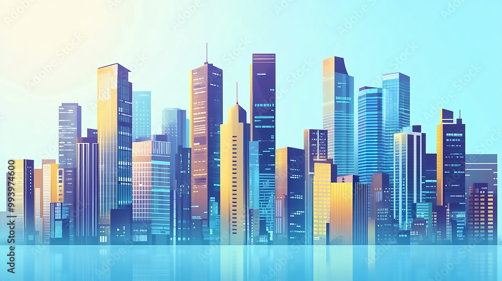 Fototapeta premium View of tall modern buildings reaching for the blue sky with white clouds. 