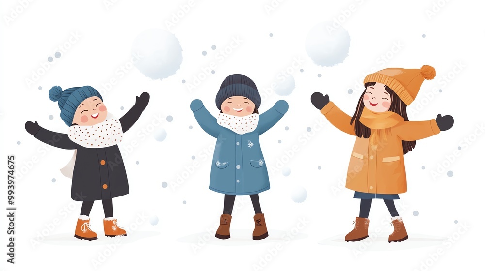 Fototapeta premium Happy children playing in the snow, dressed in colorful winter clothes. Snowball fun and laughter in the winter wonderland.