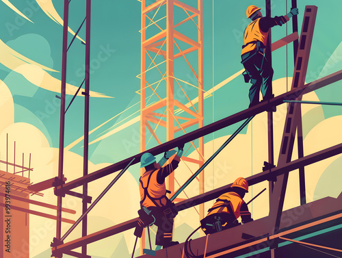 A vibrant illustration depicting construction workers on scaffolding, showcasing teamwork and safety under a bright sky. photo