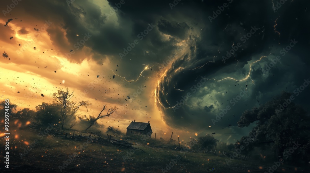 A tornado uproots trees, striking a farmhouse amid dark clouds and chaotic lightning. A tornado uproots trees, striking a farmhouse amid dark clouds and chaotic lightning.