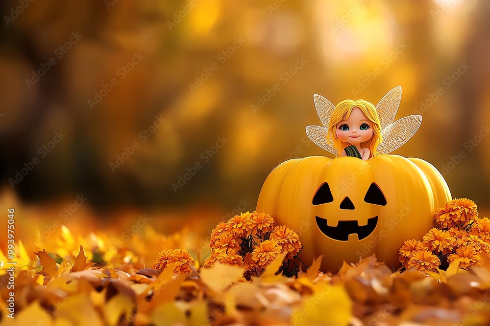 Naklejka premium A fairy in a soft yellow pumpkin, surrounded by marigold flowers and golden autumn leaves under a warm sun
