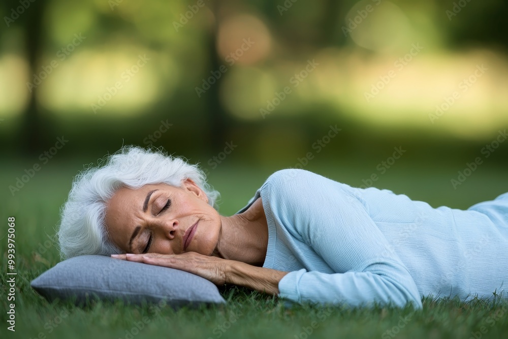 Serene White-Haired Woman Asleep in Grassy Field, Tranquil Sleep Concept with Soft Lighting for Relaxation Serene White-Haired Woman Asleep in Grassy Field, Tranquil Sleep Concept with Soft Lighting for Relaxation