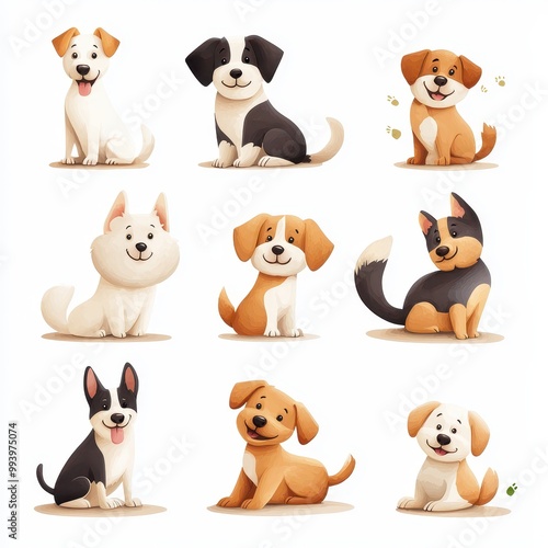 Cute cartoon dogs in various poses, white isolate background.