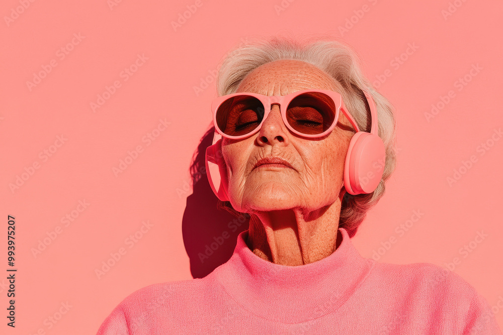 Elderly woman with headphones and sunglasses on a pink background Elderly woman with headphones and sunglasses on a pink background
