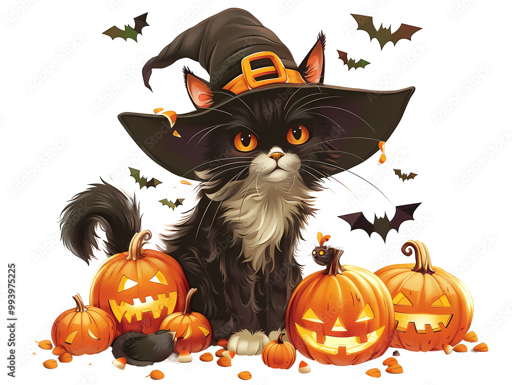 Cute cat characterized as a witch in Halloween
surrounded by pumpkins and bats. Transparent background. PNG Cute cat characterized as a witch in Halloween
surrounded by pumpkins and bats. Transparent background. PNG