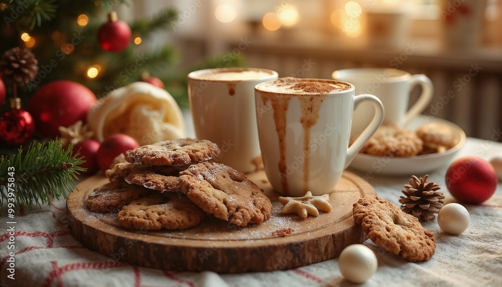 Fototapeta premium A festive holiday scene with chocolate chip cookies and hot cocoa, cozy mood, on a wooden table with Christmas decorations 