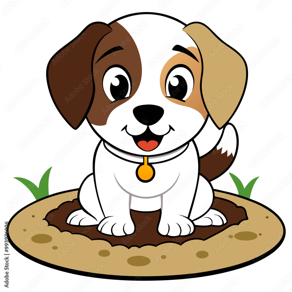 Playful illustration of a happy dog sitting in a muddy spot with a cheeky expression. Playful illustration of a happy dog sitting in a muddy spot with a cheeky expression.