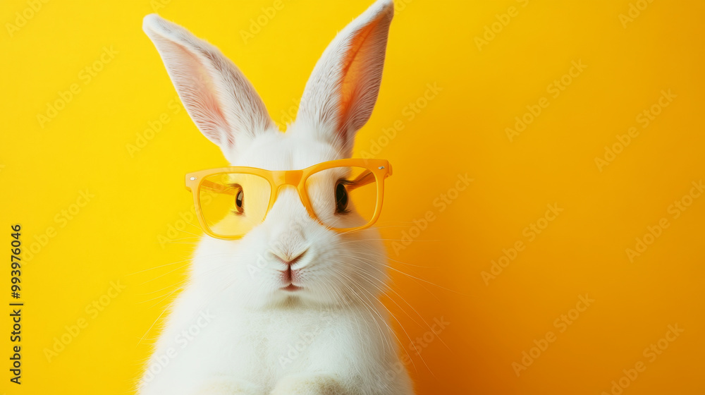 Cute white rabbit with yellow glasses on a pastel background for spring celebrations Cute white rabbit with yellow glasses on a pastel background for spring celebrations