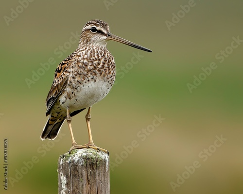 Tranquil Shorebird Perched on Mossy Post in Natural Habitat - Closeup Nature Portrait with Soft Green Background and Peaceful Atmosphere