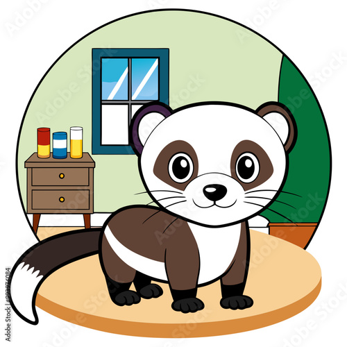 Cute ferret illustration exploring a room with a curious expression.