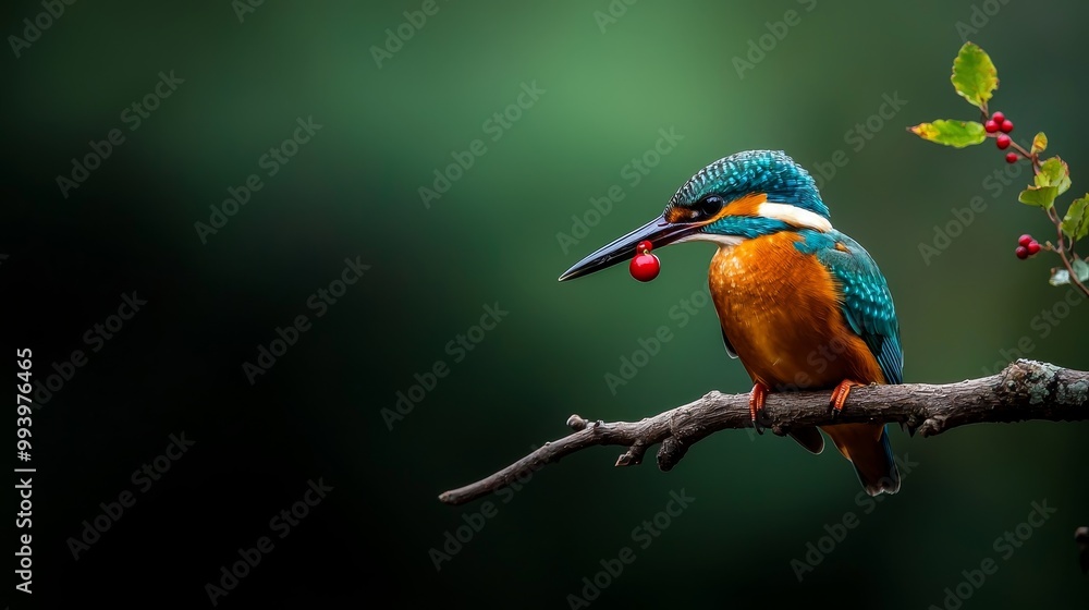 Vibrant Kingfisher with Red Berry Close-Up Wildlife Beauty in Natural Serenity Vibrant Kingfisher with Red Berry Close-Up Wildlife Beauty in Natural Serenity