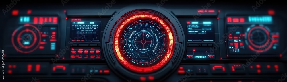 Futuristic dashboard interface with glowing red lights and digital displays. Futuristic dashboard interface with glowing red lights and digital displays.