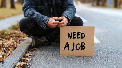 Person sitting on roadside holding a sign that says 'Need a job', depicting unemployment issue and job search. photo