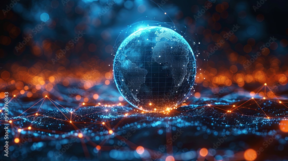 Abstract blue sphere with connecting dots and lines. Wireframe technology sphere. Big data visualization. 3d rendering Abstract blue sphere with connecting dots and lines. Wireframe technology sphere. Big data visualization. 3d rendering