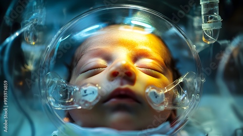 Premature Newborn Baby in Incubator with Medical Equipment for Life Support