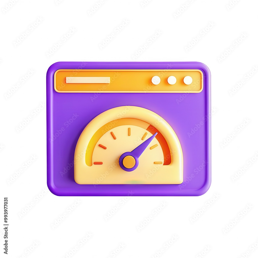 A vibrant 3D rendering of a speedometer icon with a purple background, showcasing an orange indicator pointing to a higher speed, suitable for user interfaces. A vibrant 3D rendering of a speedometer icon with a purple background, showcasing an orange indicator pointing to a higher speed, suitable for user interfaces.