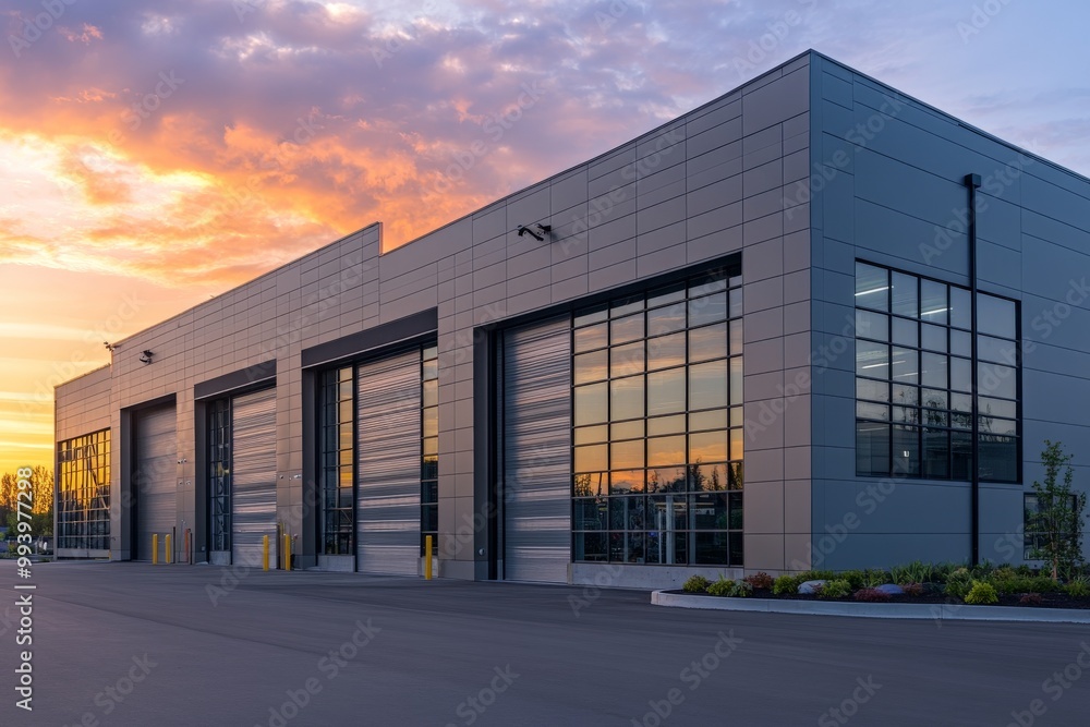 Modern industrial building at dawn with vibrant sky Modern industrial building at dawn with vibrant sky