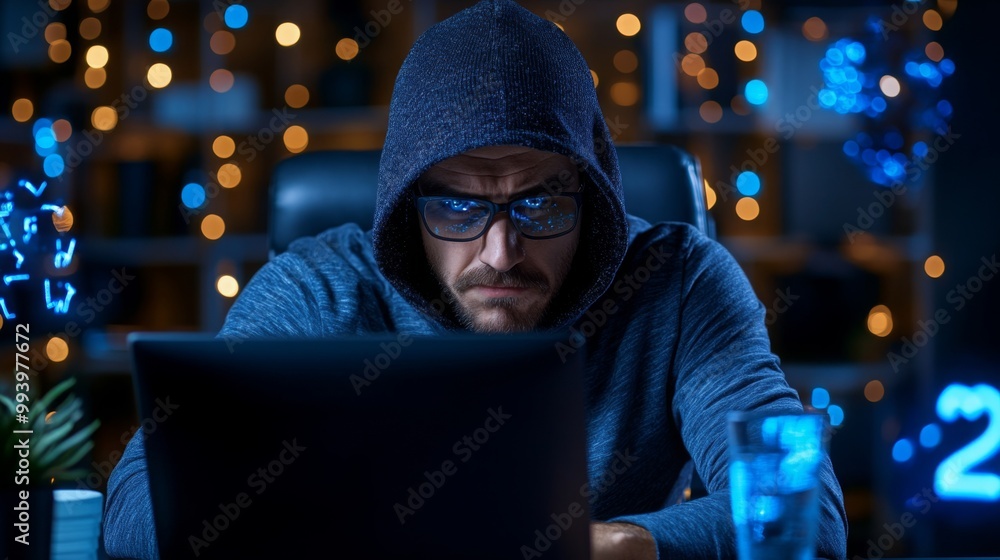 Focused Individual Working Late at Night on Laptop Focused Individual Working Late at Night on Laptop