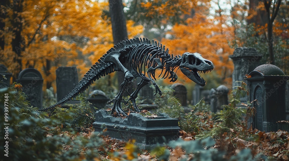 Dinosaur Skeleton in a Cemetery - A Haunting Fall Scene Dinosaur Skeleton in a Cemetery - A Haunting Fall Scene