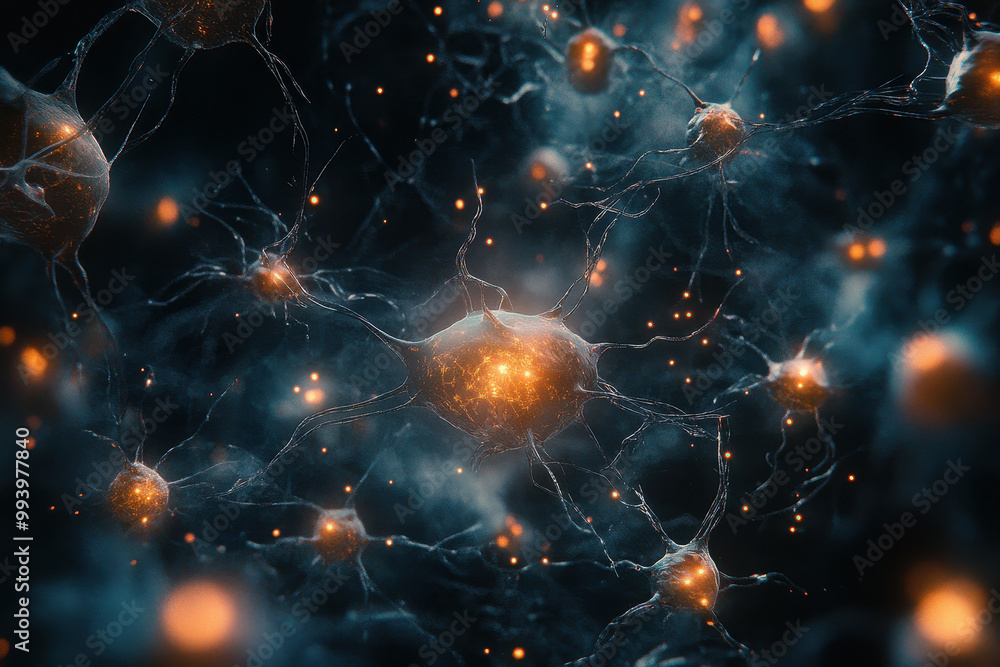 Glowing neural network nodes in dark electric blue background Glowing neural network nodes in dark electric blue background