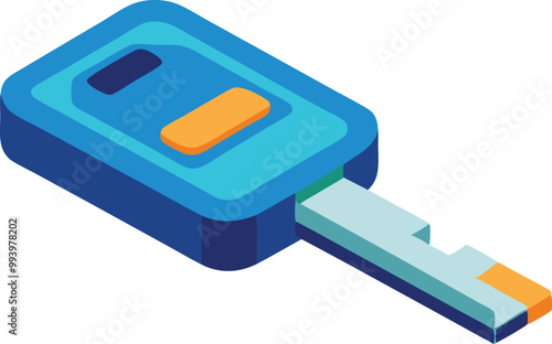 Isometric key in blue and orange, symbolizing access and security in technology