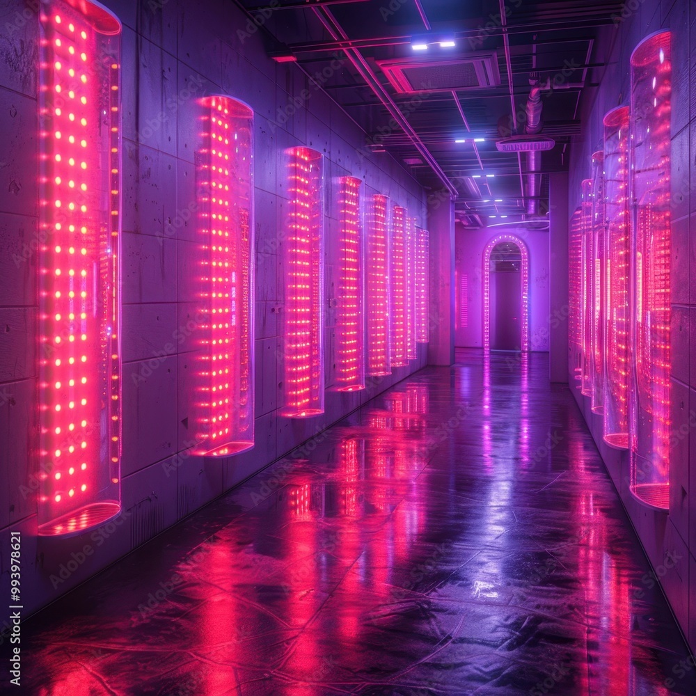 Fototapeta premium Futuristic equalizer bars in a neon-lit space.