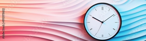 Modern clock against colorful wave background, white isolate.