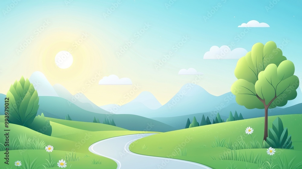 Obraz premium Scenic green meadow landscape under a bright blue sky with mountains and sunlight.