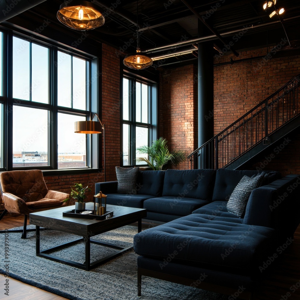 Stylish modern living room with dark furniture, large windows, and industrial decor, perfect for contemporary interior design. Stylish modern living room with dark furniture, large windows, and industrial decor, perfect for contemporary interior design.