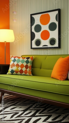 Vibrant living room with a stylish green couch, colorful pillows, and modern decor, perfect for a chic interior design.
