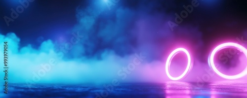 Vibrant neon circles glow in colorful smoke, creating a captivating and dynamic atmosphere for modern art or events.