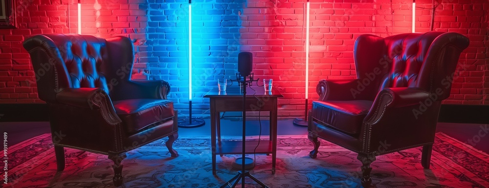 Cozy conversation setting with two armchairs and colorful neon lights in a stylish venue at night Cozy conversation setting with two armchairs and colorful neon lights in a stylish venue at night