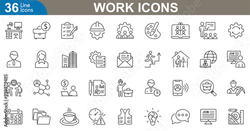 Work outline icons set. Briefcase, laptop, calendar, team, clock, desk, document, lightbulb and more. vector illustrator.