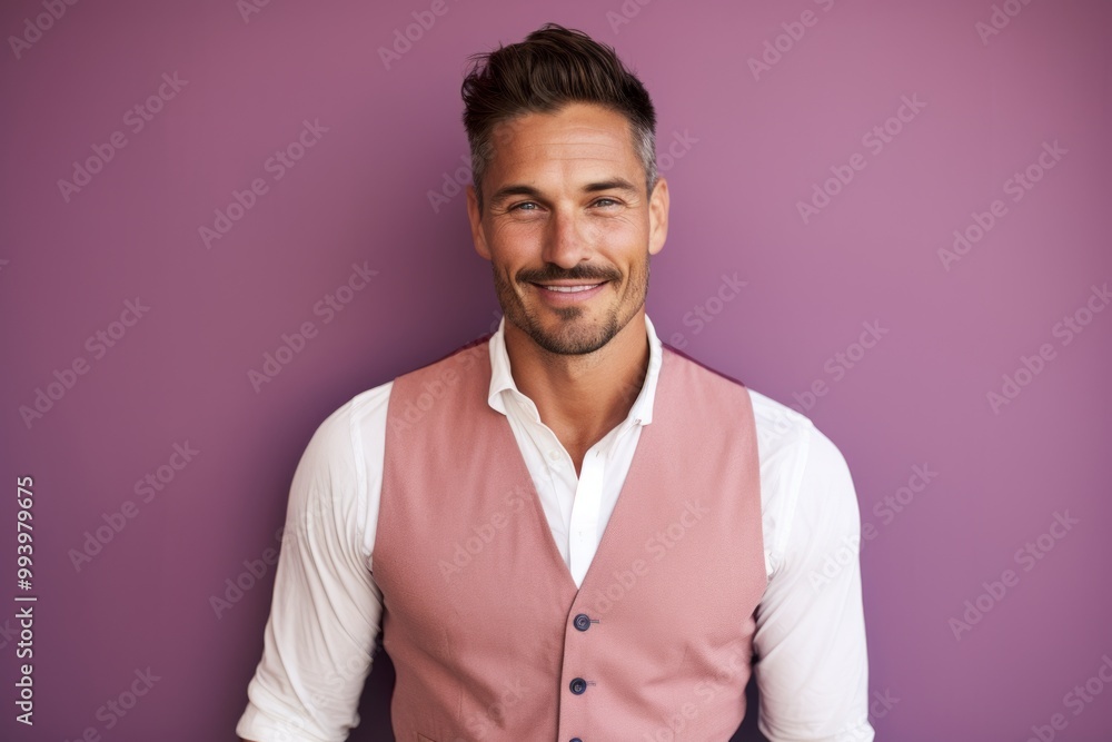 Portrait of a grinning man in his 30s dressed in a breathable mesh vest in front of solid pastel color wall Portrait of a grinning man in his 30s dressed in a breathable mesh vest in front of solid pastel color wall
