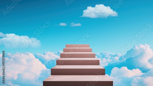 Stairway ascending into a bright, cloud-filled sky with a serene blue backdrop.