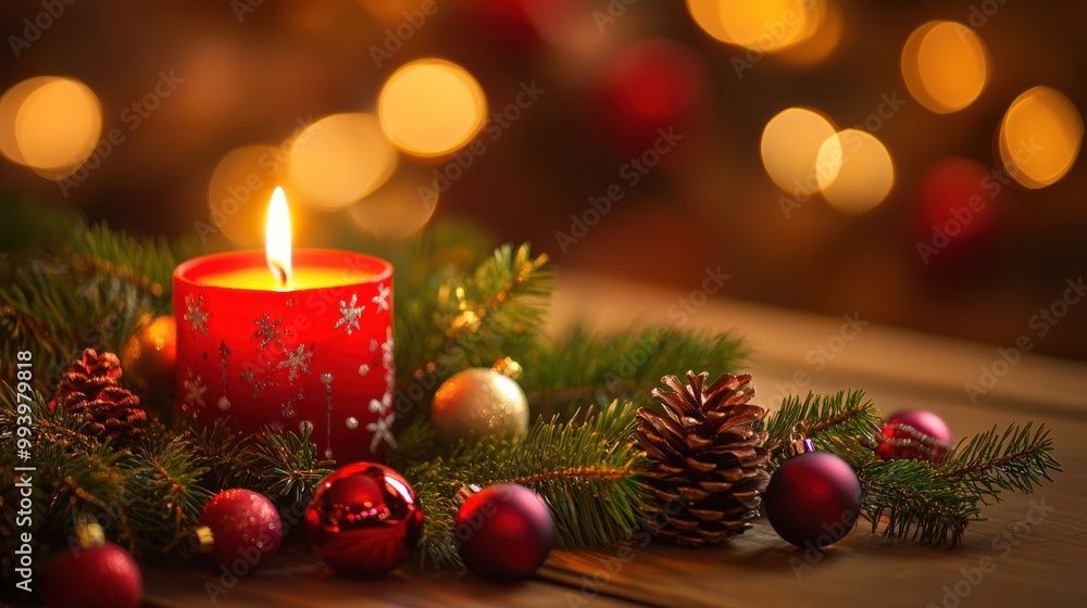 Christmas Candle, Ornaments, And Evergreen Branches Lit By Bokeh Lights Christmas Candle, Ornaments, And Evergreen Branches Lit By Bokeh Lights