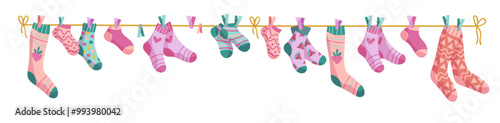 Clothesline socks. Socks on a rope, Baby socks with patterns vector cartoon.