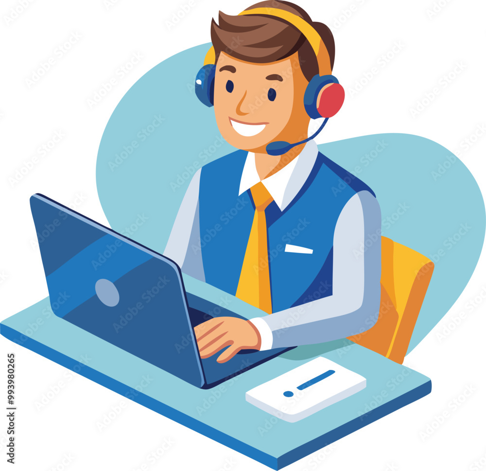 Customer service agent wearing headset, isometric business communication illustration Customer service agent wearing headset, isometric business communication illustration