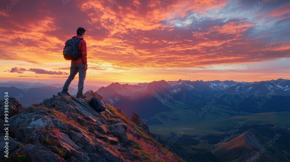 Fototapeta premium A young man triumphs on a mountain, embracing adventure against a vibrant sunset.