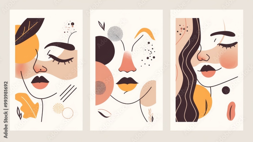 Set of three posters featuring abstract faces in a minimalistic line art style Set of three posters featuring abstract faces in a minimalistic line art style