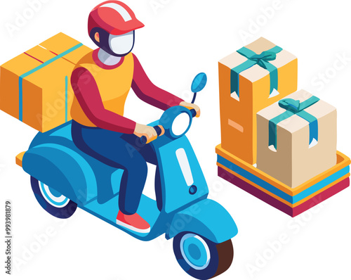 Delivery person on a scooter carrying packages, isometric logistics illustration