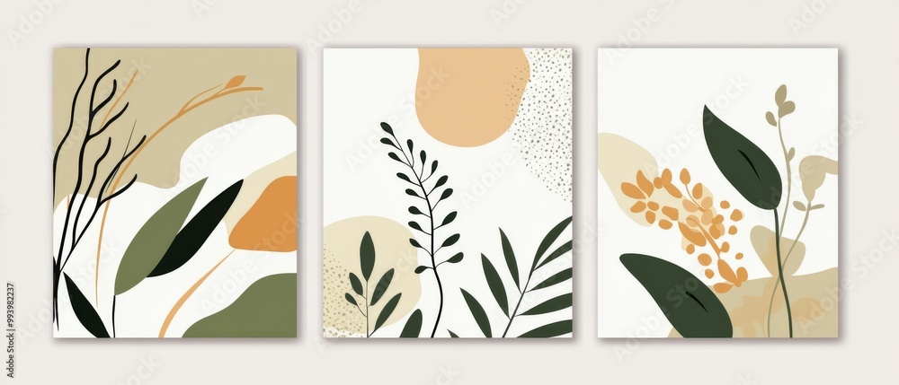 custom made wallpaper toronto digital Set of three minimalist posters featuring abstract leaves and plants in elegant olive green tones against a beige background
