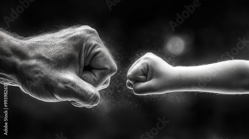 A powerful fist bump between an adult and a child in black and white.