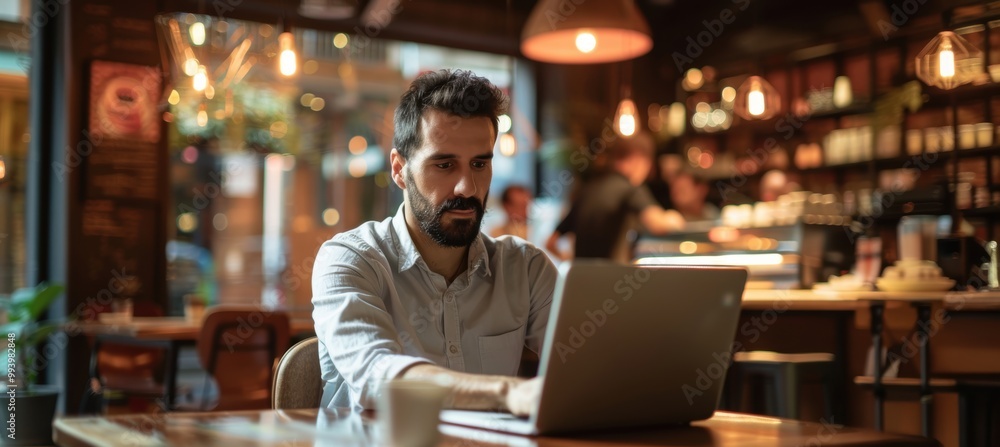 Man Working in Trendy Coffee Shop Promoting Movember Movement with Cozy Atmosphere for Productivity Man Working in Trendy Coffee Shop Promoting Movember Movement with Cozy Atmosphere for Productivity