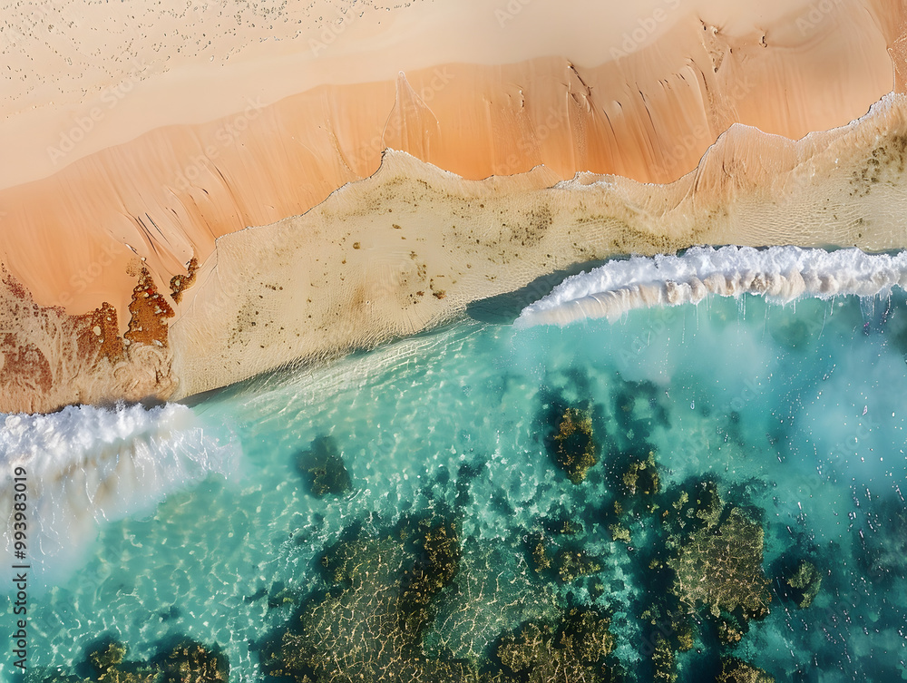 Aerial view of a serene beach with soft sand, turquoise waters, and gentle waves lapping at the shore, showcasing a peaceful coastal environment. Aerial view of a serene beach with soft sand, turquoise waters, and gentle waves lapping at the shore, showcasing a peaceful coastal environment.