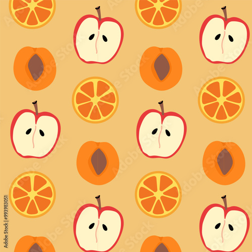 Colorful fruit pattern featuring apples and oranges on a light beige background