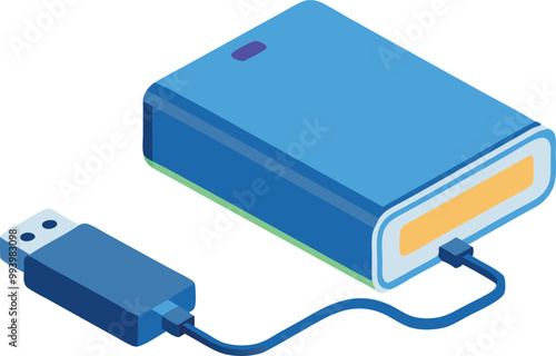 External hard drive with USB cable, isometric data storage and backup device